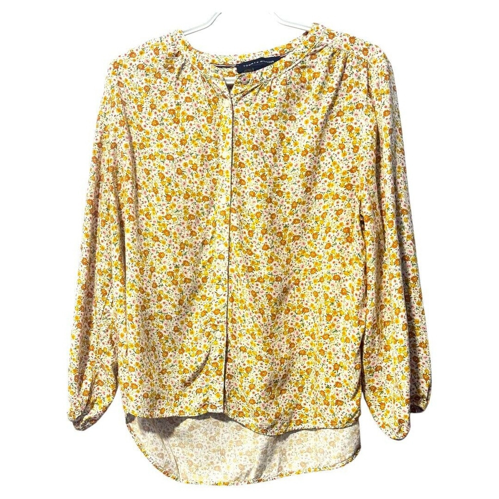 Tommy Hilfiger Orange Button-Up Top Viscose‎ size large 3/4 Sleeve Floral V Neck